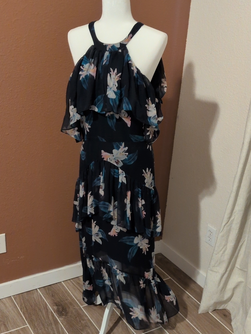 ANTONIO MELANI Navy Floral Halter Tiered Maxi Dress
